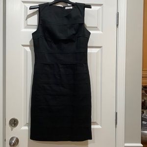 Calvin Klein, sleeveless, fitted little black dress.